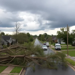 Cleanup crews working in a flooded neighborhood in Bowling Green, Kentucky after severe storms.