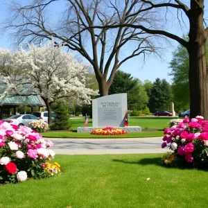 Memorial surrounded by flowers in a park dedicated to veterans