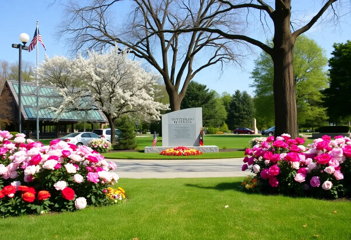 Memorial surrounded by flowers in a park dedicated to veterans