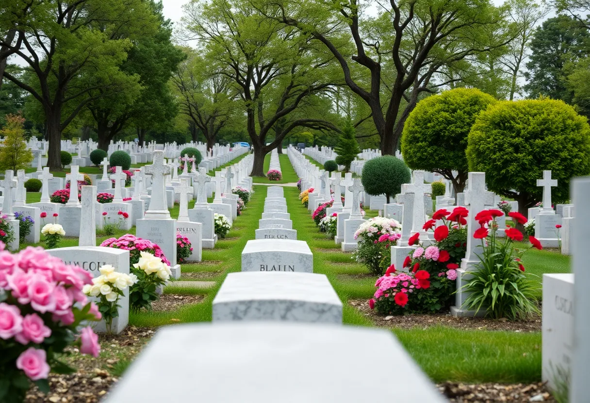 A peaceful cemetery scene with flowers honoring Brenda Lowe's memory