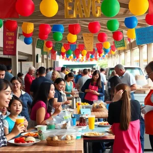 Families and volunteers at a breakfast fundraiser event.