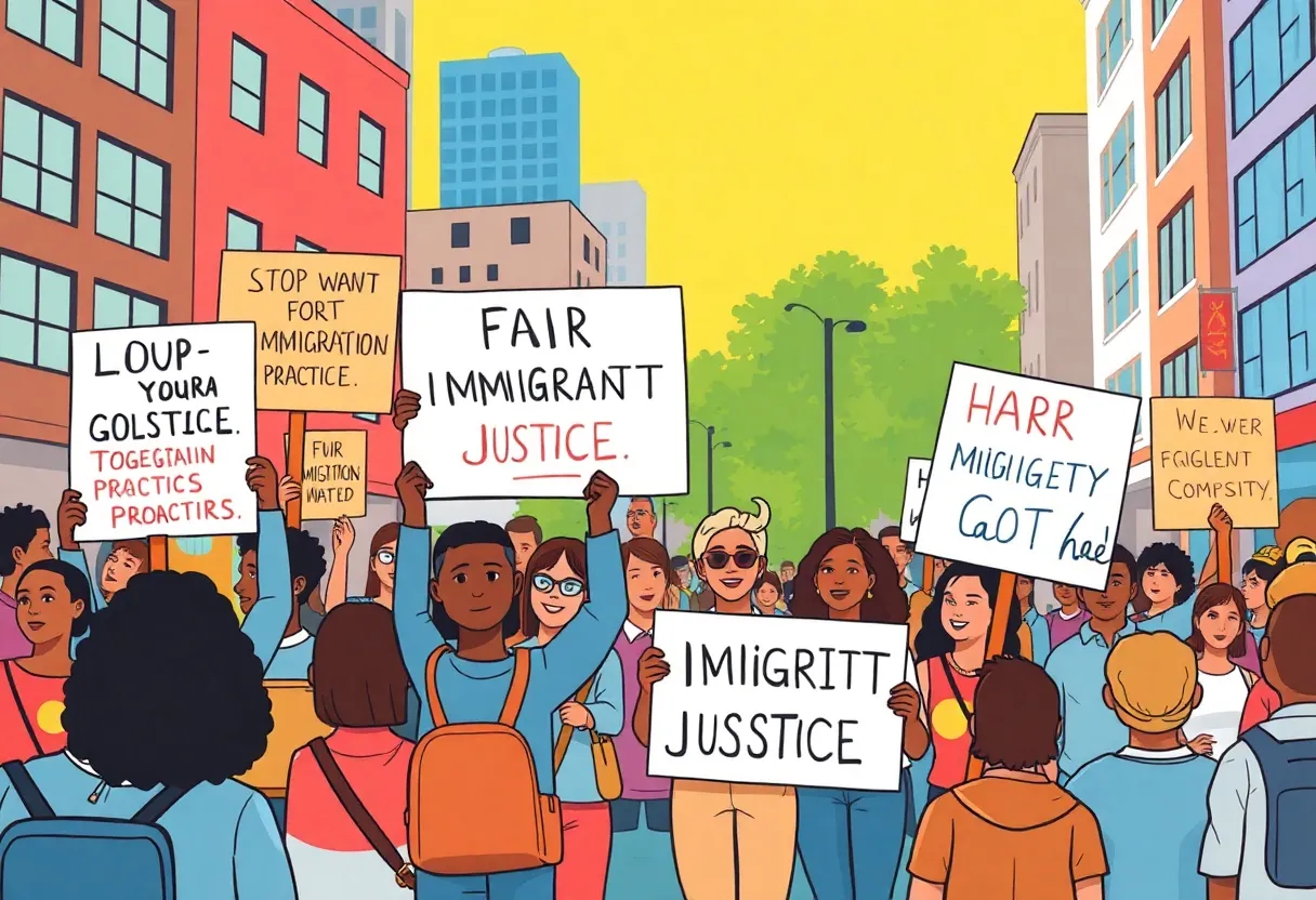 A diverse group of community members holding signs for immigration reform.