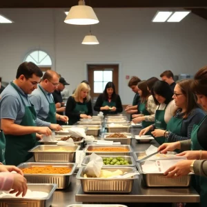 Volunteers serving hot breakfast meals to flood victims in Kentucky