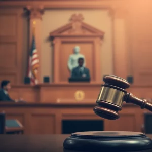 A courtroom scene depicting legal tension and proceedings