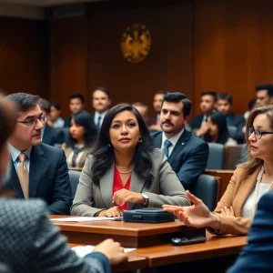 Group of diverse individuals in a courtroom discussing immigration rights.