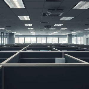 Empty cubicles in a media office after layoffs.