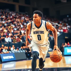 A basketball player in motion during a game on the court.