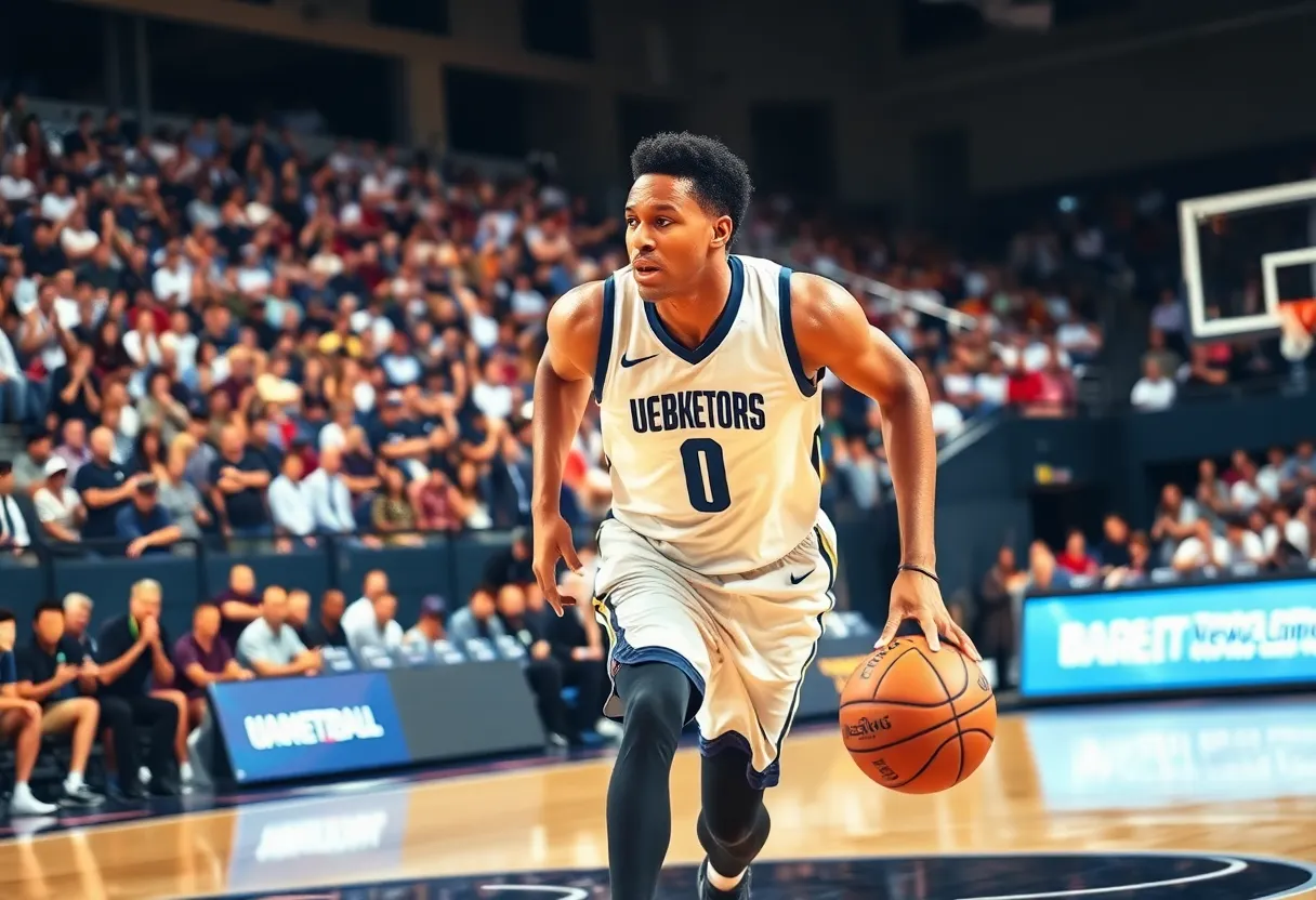A basketball player in motion during a game on the court.