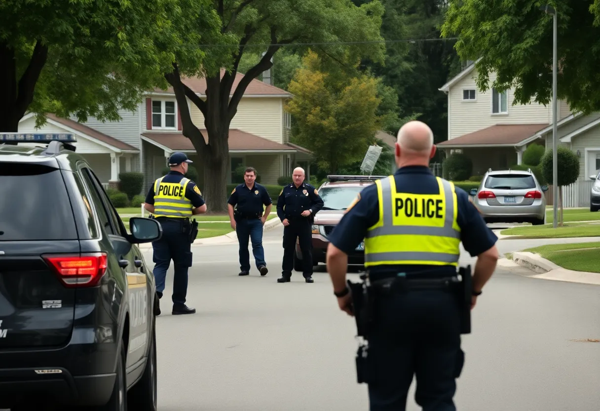 Police officers searching in a suburban area for an escaped inmate.