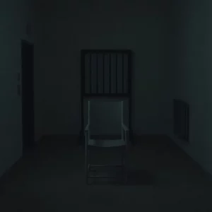 A view of an execution chamber highlighting a metal chair.