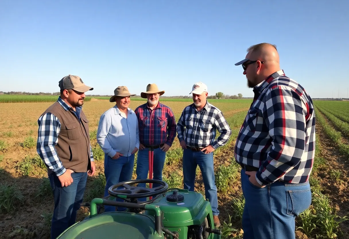 Farmers engaged in discussion about USDA grant funding in a crop field.