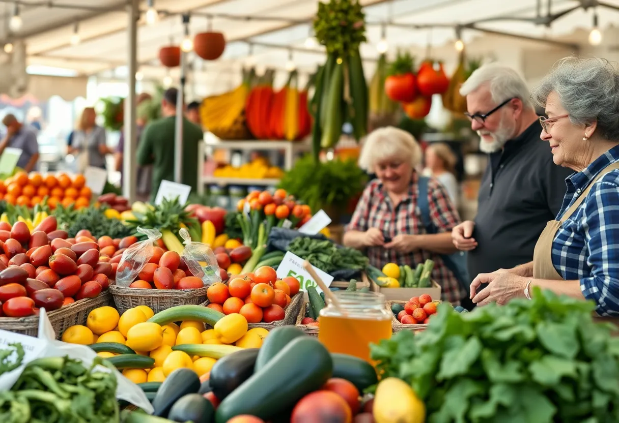 Seniors shopping for fresh produce at a farmers market.