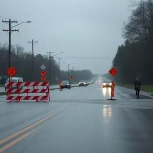 Severe flooding on Kentucky roads with warning signs