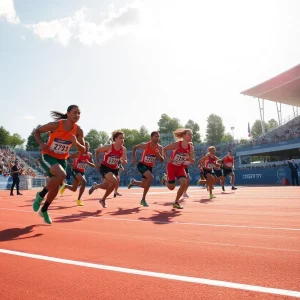 Athletes competing in a relay race at the Hilltopper Relays.