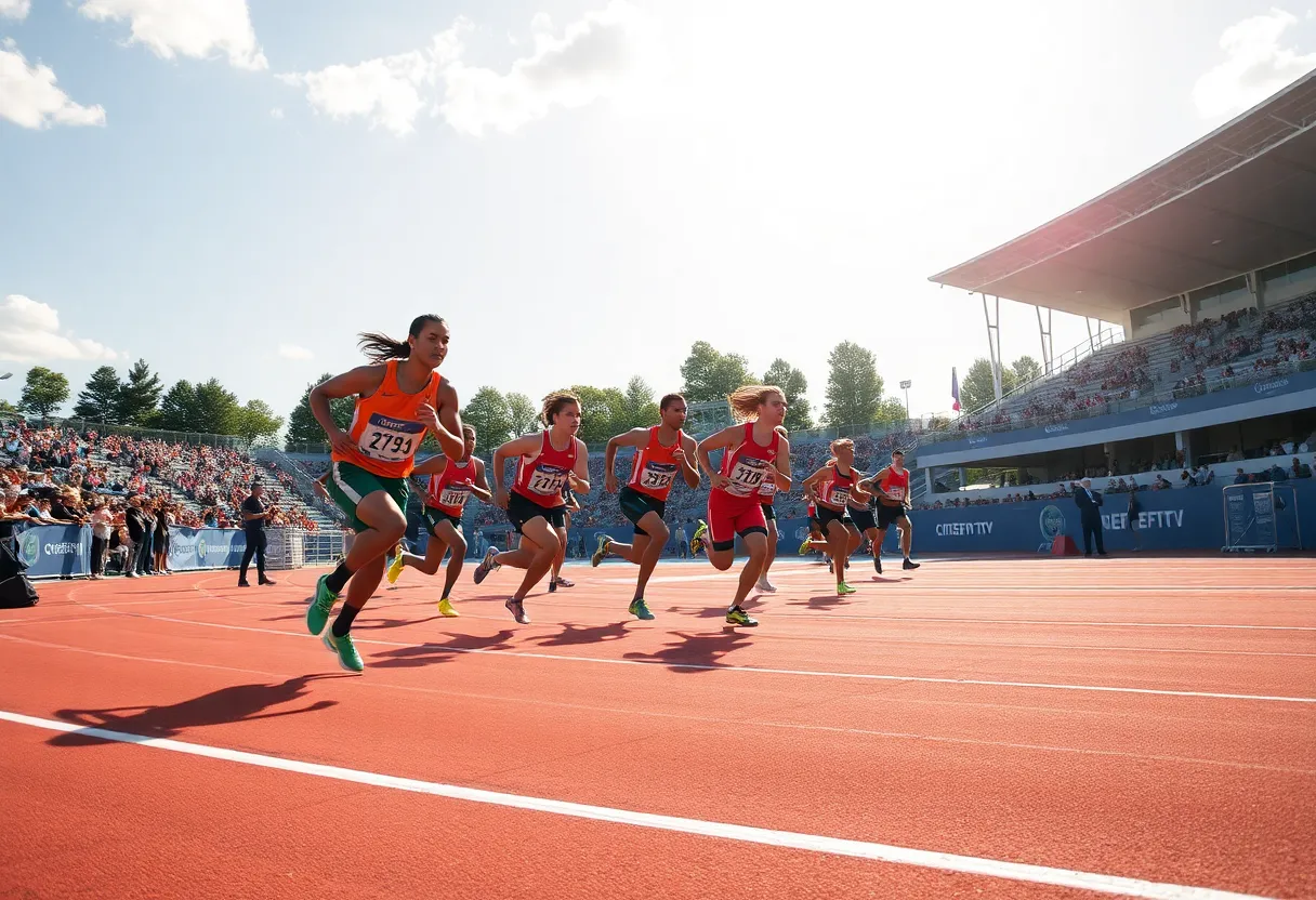 Athletes competing in a relay race at the Hilltopper Relays.