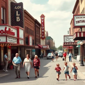 A nostalgic view of Bowling Green's past featuring vintage theaters and families enjoying a day out.