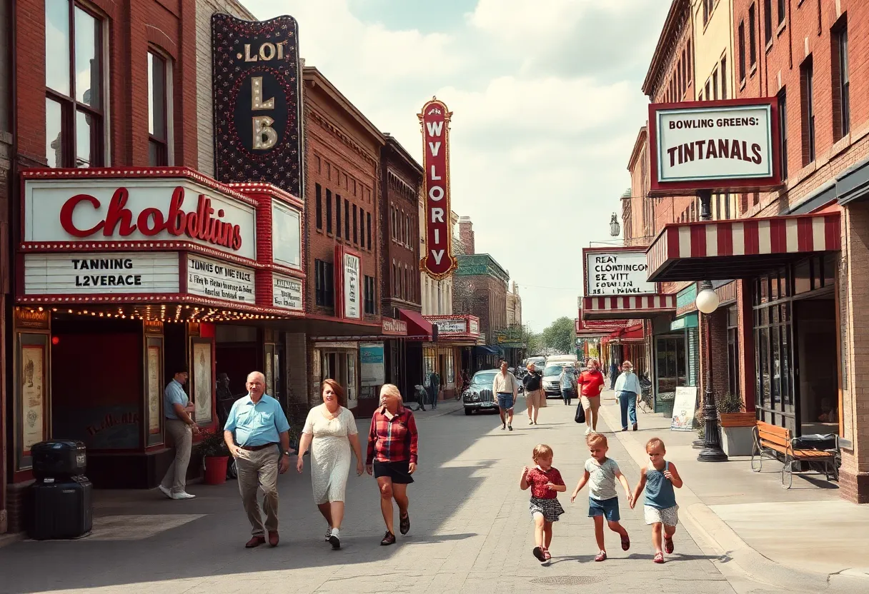 A nostalgic view of Bowling Green's past featuring vintage theaters and families enjoying a day out.
