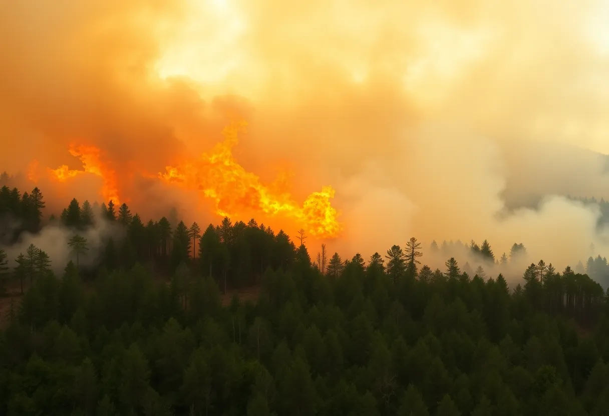 Wildfire burning in New Jersey forest with firefighters on scene