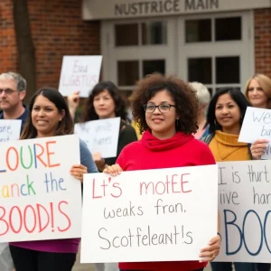 Parents protesting against LGBTQ+ book policy changes at a school.