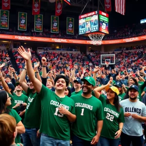 Basketball fans in a college arena celebrating a new team commitment