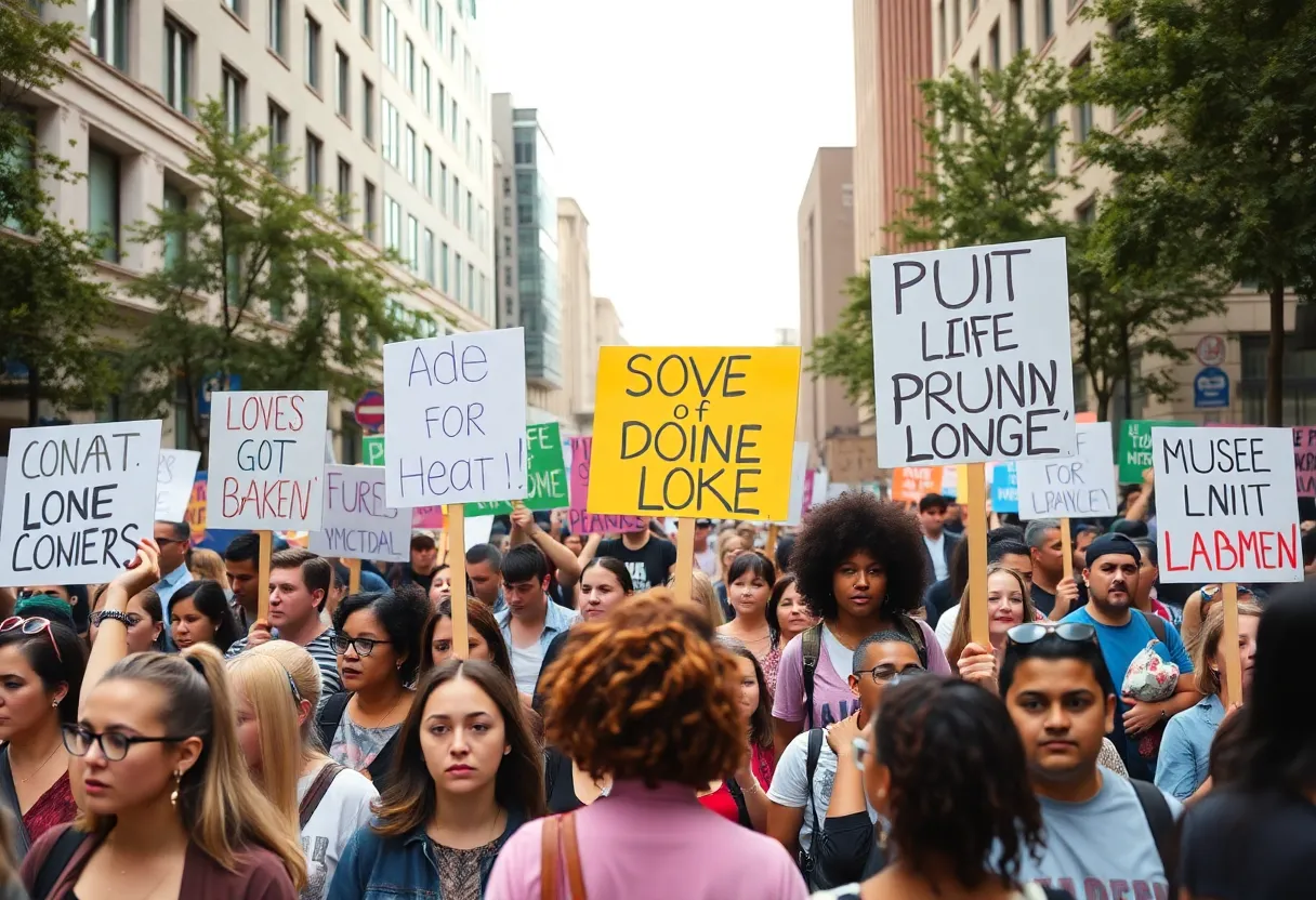 Crowd of protesters with signs during nationwide protests