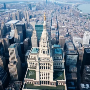 Aerial view of New York City skyline featuring government buildings