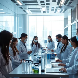 Representation of scientists working together in a futuristic lab setting.