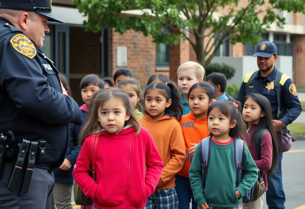 Group of school children looking concerned in front of their school