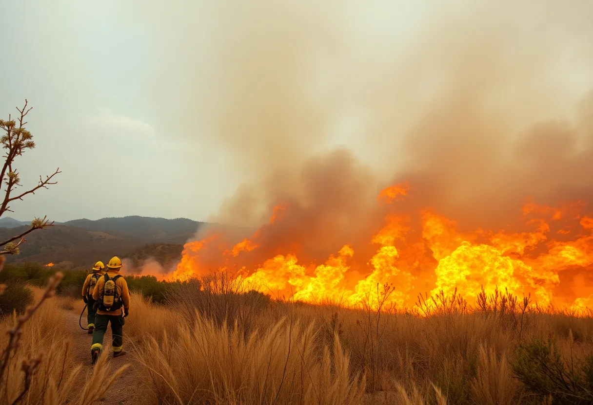 Wildfire in California with firefighters battling flames