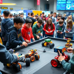 Students participating in robotics competitions at SOKY Robot Royale