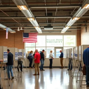 Election campaign scene in Wisconsin with voters and signs
