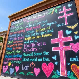 Colorful chalk art showcasing religious messages and symbols on a university sidewalk