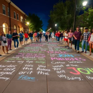 Colorful chalk artwork on WKU sidewalks portraying Gospel verses