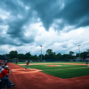 WKU softball field under cloudy skies with players and fans