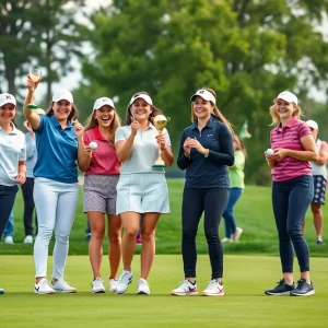 WKU Women’s Golf team celebrating their victory with a trophy on the golf course.