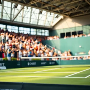 Fans cheering at a WKU Women's Tennis match with players in action on the court.