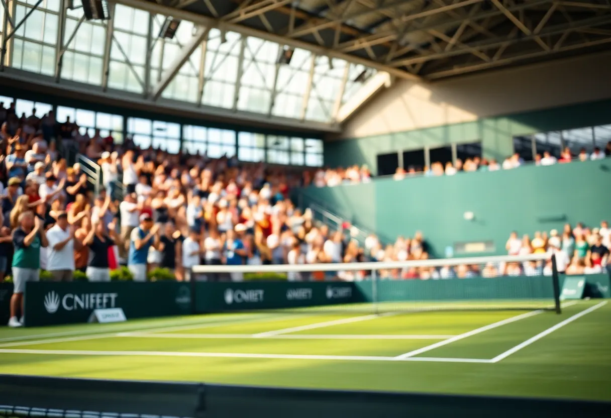 Fans cheering at a WKU Women's Tennis match with players in action on the court.