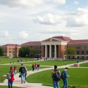 Scenic view of Western Kentucky University campus during a sunny day with students studying.