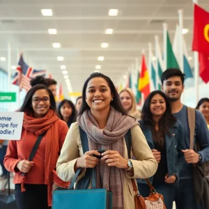 Group of refugees arriving at the airport