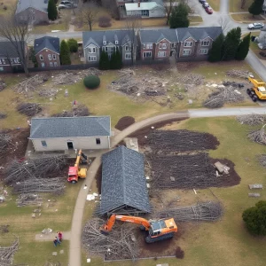 Workers cleaning up storm debris in Bowling Green cemetery