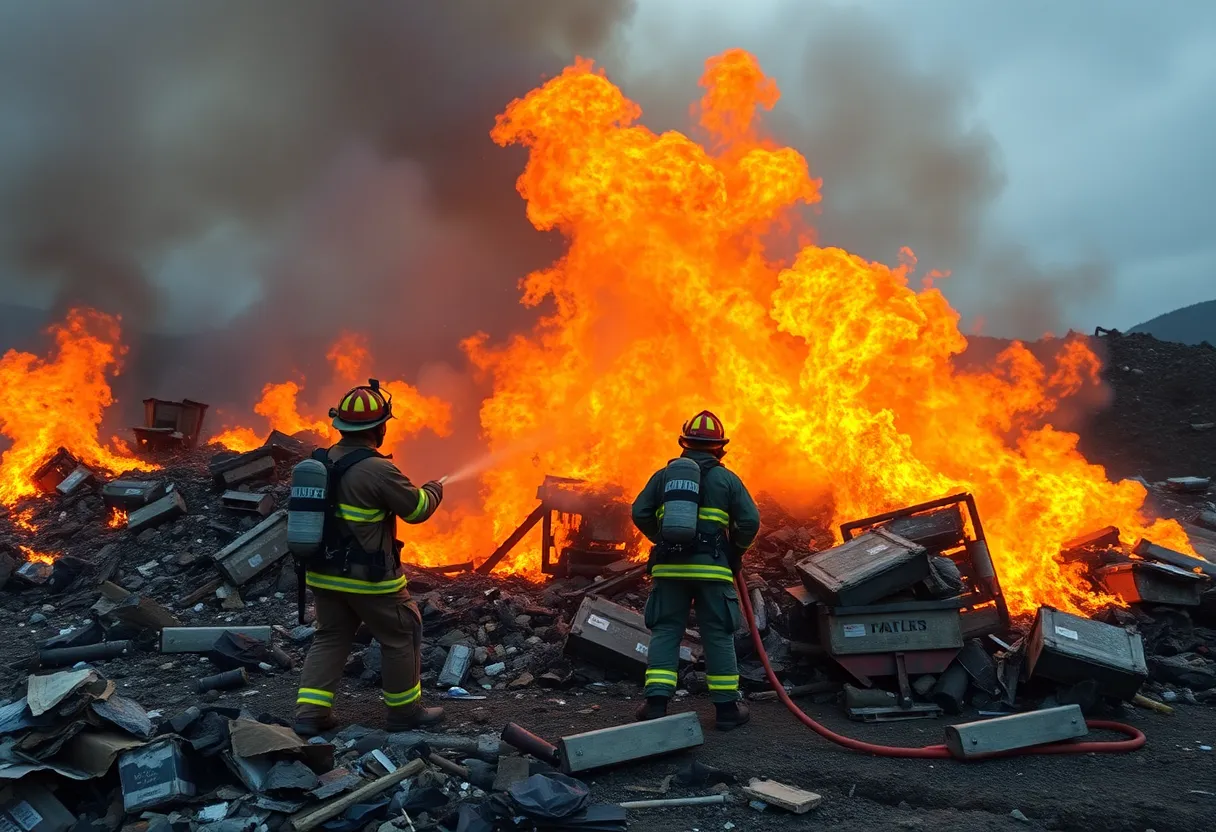 Firefighters extinguishing a trash fire at Kenway Disposal