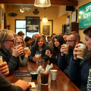 Community members enjoying coffee at 7 Brew during the fundraiser event