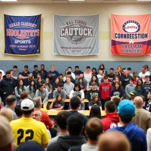 High school students participating in a collegiate sports signing ceremony