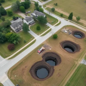Aerial view showing sinkholes in Bowling Green after flooding.