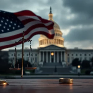 Symbolic representation of justice with the Capitol building in the background