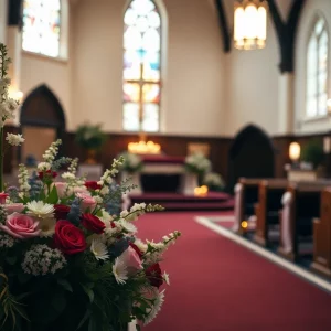 Memorial service scene with flowers and candles