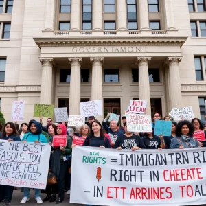 Community members gather to advocate for justice in front of a government building.