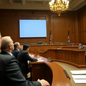 Courtroom scene representing a lawsuit regarding mifepristone