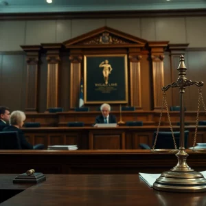 Courtroom scene depicting the seriousness of financial crimes