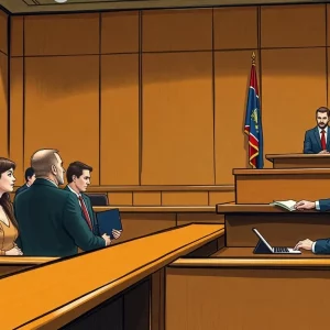 Courtroom scene with jury and attorneys in a missing person trial